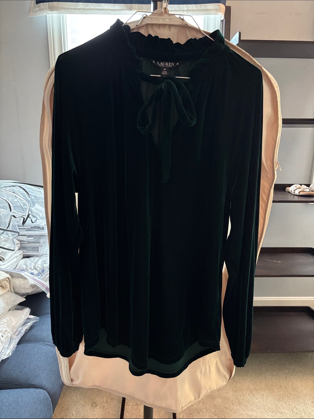 Lauren Ralph Lauren Emerald Velvet Tie-Neck Long Sleeve Blouse